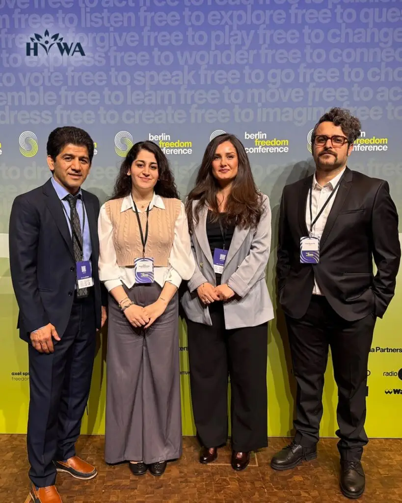 Sardar Pashaei, Zhino Babamiri, Jino Victoria Doabi and Soran Mansournia Hiwa team members in Berlin Freedom Conference
